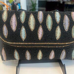 Hand-Beaded Black Clutch Bag | Elegant Pastel Sequin & Beadwork Evening Purse